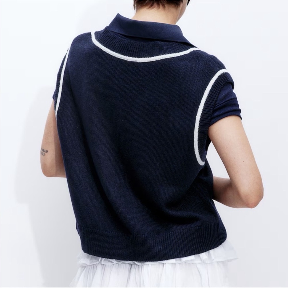 H&M Short V-neck sweater vest sleeveless sweater navy blue white contrast large - Picture 3 of 11